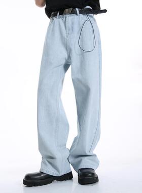 Voguo Relay 韩版做旧百搭水洗浅蓝色宽松直筒中腰牛仔裤男女同款