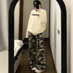 Promiseme显瘦口袋宽松休闲迷彩裤男复古拖地vibe工装长裤