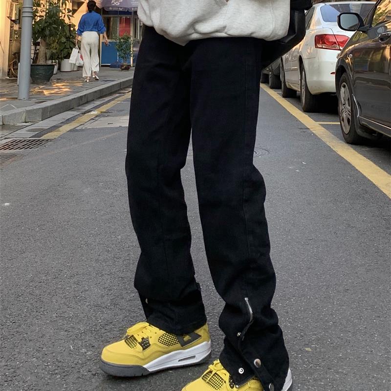 麻饭同学 美式休闲潮牌拉链排扣牛仔裤男女高街修身显高百搭长裤