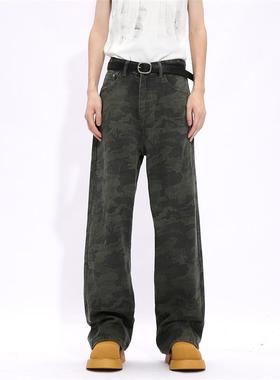 Voguo Relay 复古水洗做旧迷彩休闲牛仔裤韩版情侣装宽松直筒长裤