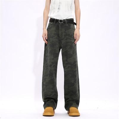 Voguo Relay 复古水洗做旧迷彩休闲牛仔裤韩版情侣装宽松直筒长裤