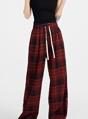 ZAVK2024秋冬新品格子高腰阔腿裤女宽松直筒休闲显瘦拖地运动卫裤