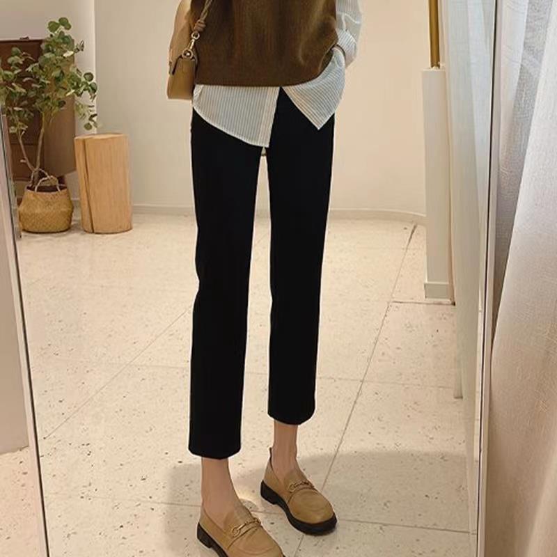 黑色烟管直筒牛仔裤女2024冬加绒春秋高腰法棍裤小个子七八九分裤