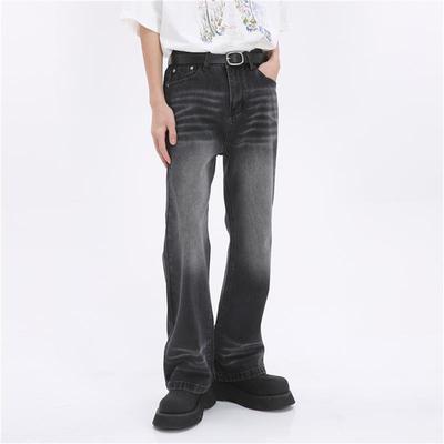 Voguo Relay 韩版黑灰色猫须微喇叭中腰牛仔裤男女情侣百搭裤子