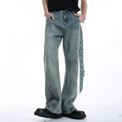 郭俊辰同款Voguo Relay 潮牌设计多铆钉拼接微喇叭中腰牛仔裤男女
