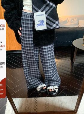 EVNSTYLE“博主遛弯裤”秋冬复古加厚蕾丝花边格子休闲裤阔腿裤女