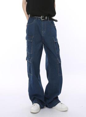 Voguo Relay 韩版多口袋工装深蓝牛仔裤宽松阔腿直筒裤子男女情侣