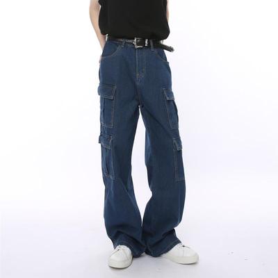 Voguo Relay 韩版多口袋工装深蓝牛仔裤宽松阔腿直筒裤子男女情侣