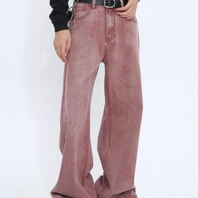 钟楚曦同款 Voguo Relay韩风做旧宝石红色宽松直筒中腰牛仔裤男女