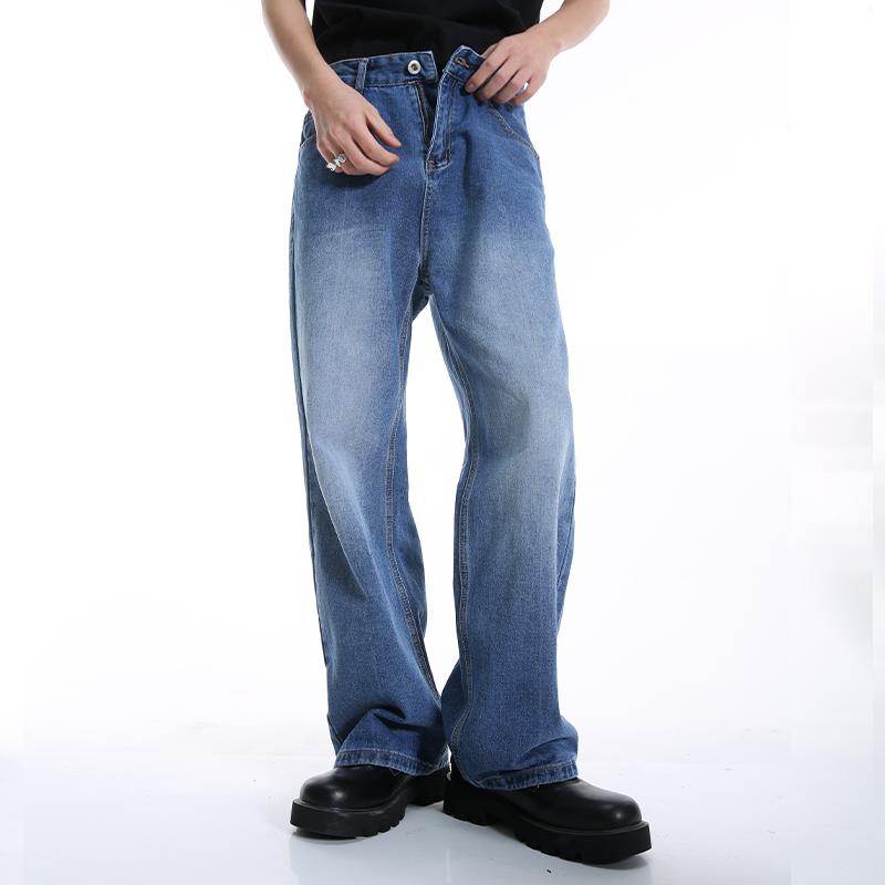 Voguo Relay 原创新品韩版宽松直筒纯色深蓝百搭牛仔裤 男女同款