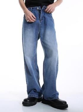 Voguo Relay 原创新品韩版宽松直筒纯色深蓝百搭牛仔裤 男女同款