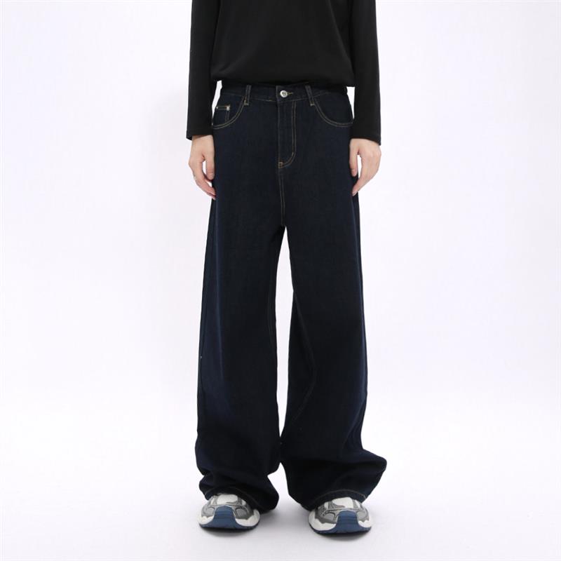 Voguo Relay 韩版简约深蓝原色牛仔裤中腰宽松长款拖地直筒裤男女