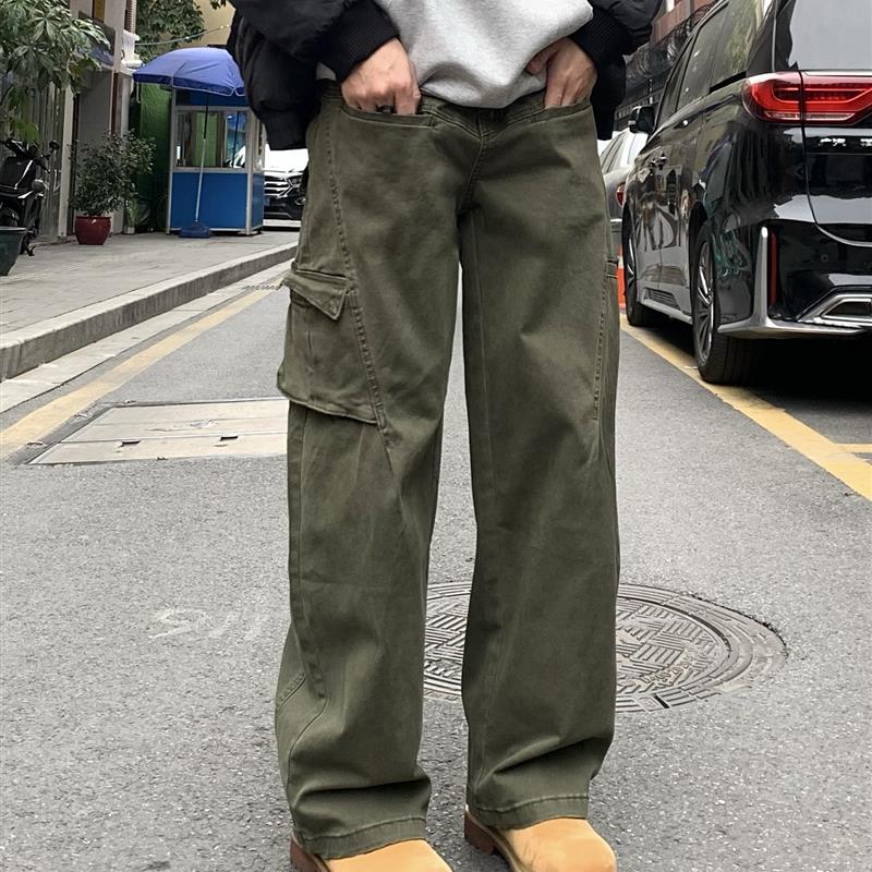 麻饭同学 复古做旧多口袋宽松直筒牛仔裤男女美式休闲工装长裤子