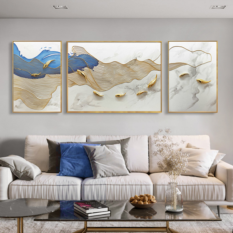 简约立体客厅三联装饰画手绘九鱼图抽象客厅沙发背景墙油画手工画图片