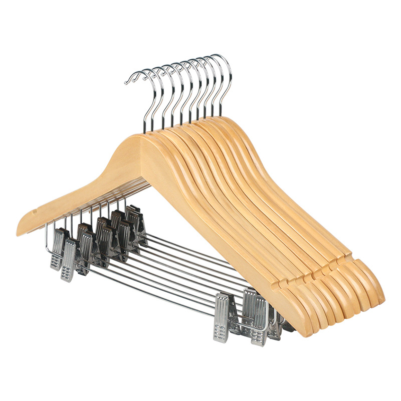 实木衣架家用防滑无痕衣挂酒店带夹子木质衣服架套装一体裤架撑子