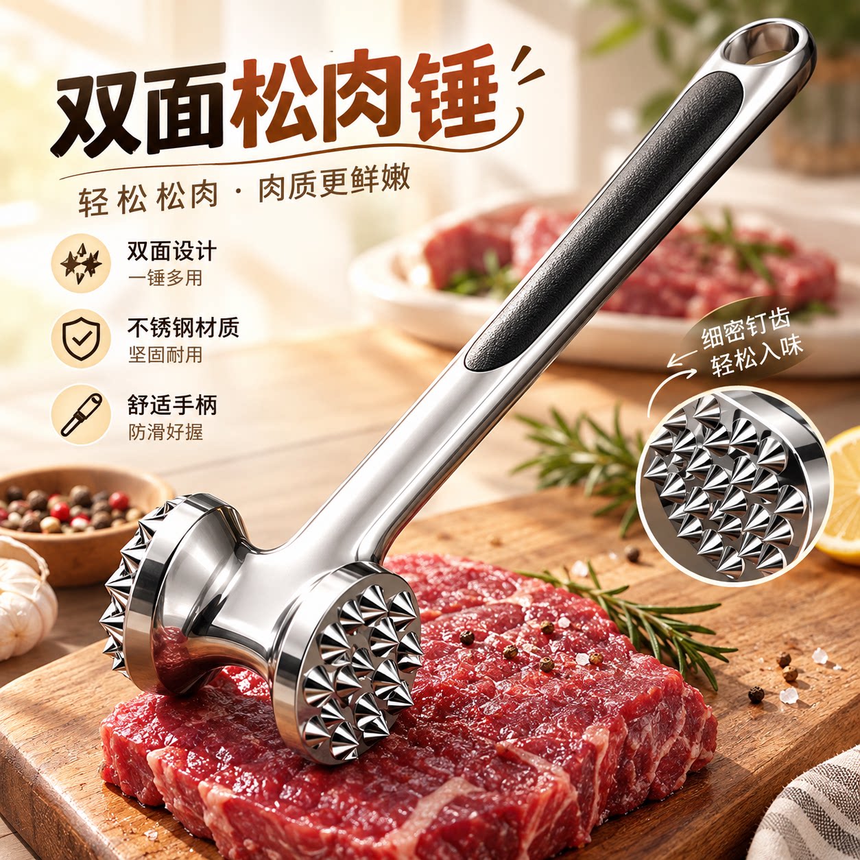 双面敲肉锤家用不锈钢牛排锤松肉锤嫩肉锤厨房专用工具多功能耐用