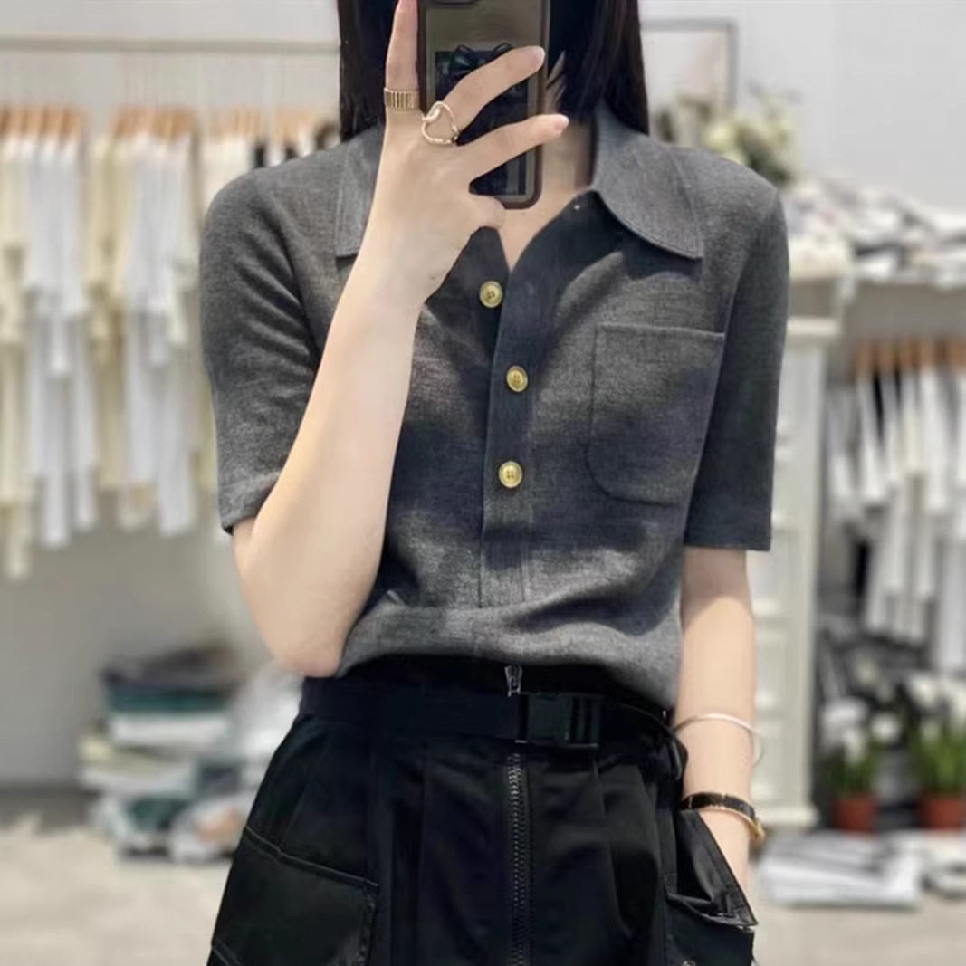 时髦洋气Polo领针织短袖女欧洲站宽松显瘦半袖衬衫翻领T恤衫