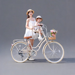 纽斯加带小孩母子自行车亲子双人骑带娃单车可载儿童遛娃双人宝宝