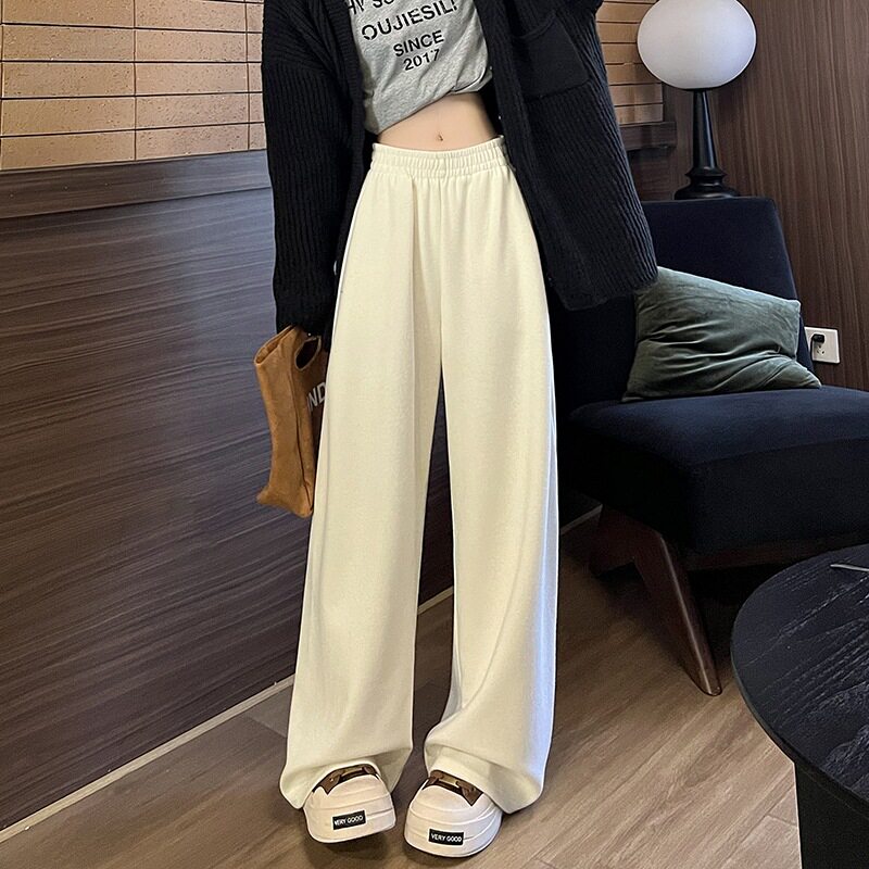 羊绒香蕉卫裤女2026秋冬高腰垂感显瘦休闲运动米白色直筒阔腿长裤
