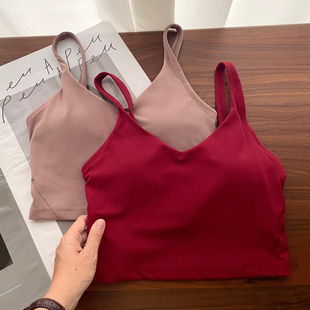 洋红瑜伽背心女裸感健身自带胸垫短款防震运动衣板栗色美背上衣