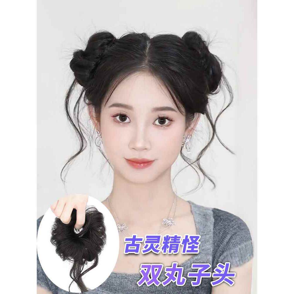 龙须双丸子头假发仿真发蓬松懒人发包可爱少女长须花苞头盘发发圈