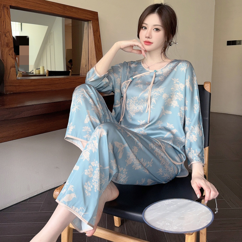 维多利亚新中式国风竹林鸟睡衣女