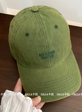 美式复古水洗做旧显白绿色棒球帽子女大头围显脸小鸭舌帽男潮牌