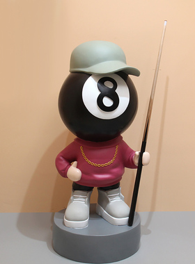网红卡通黑八台球娃娃模型雕塑台球厅会所开业装修落地创意摆件