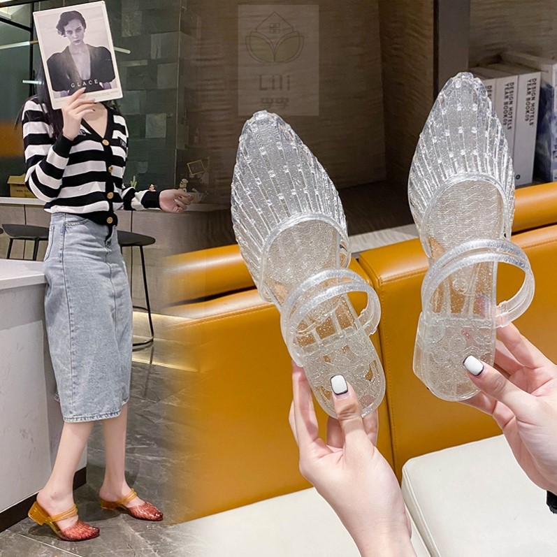 外穿时尚百搭水晶透明亮片两穿凉鞋女夏防滑妈妈渐变色包头单鞋潮