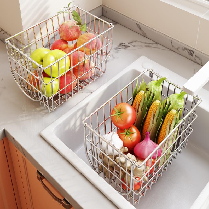 304不锈钢蔬菜水果收纳篮子厨房沥水置物架台桌面放姜葱蒜零食筐
