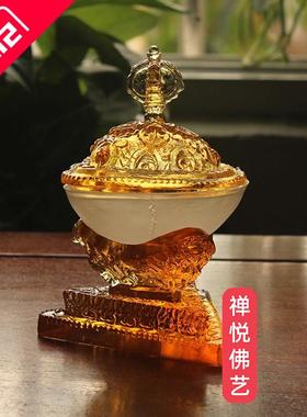 禅悦佛艺古法琉璃托巴碗护法供杯家用桌面供奉工艺摆件用品琥珀色