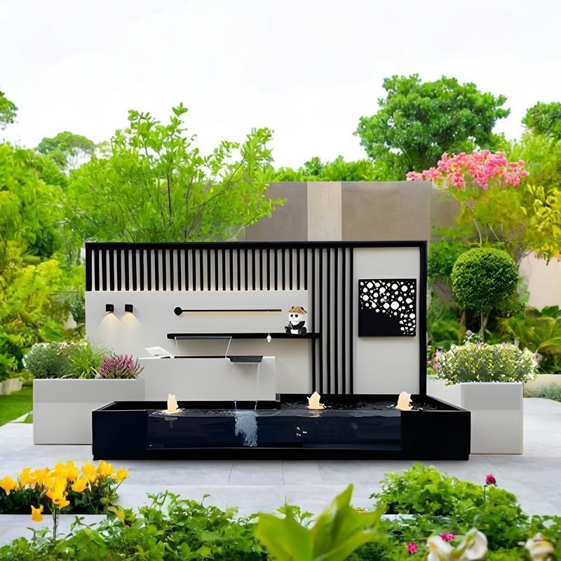 现代简约庭院流水影壁墙别墅花园喷泉水幕墙户外金世达背景墙设计