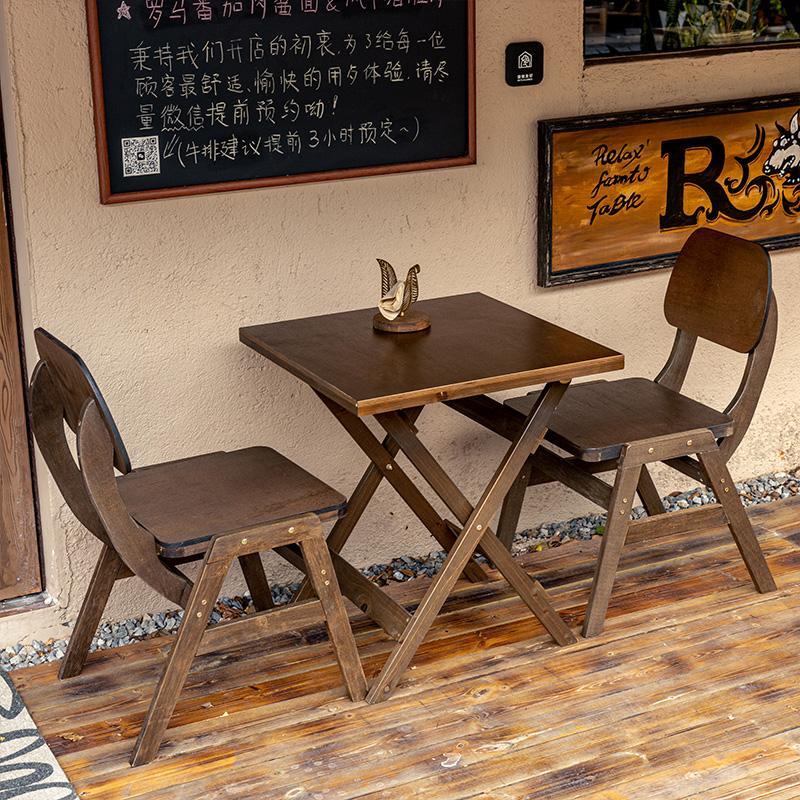 复古实木折叠桌子阳台桌室内户外靠背椅子小户型小茶几圆桌咖啡桌