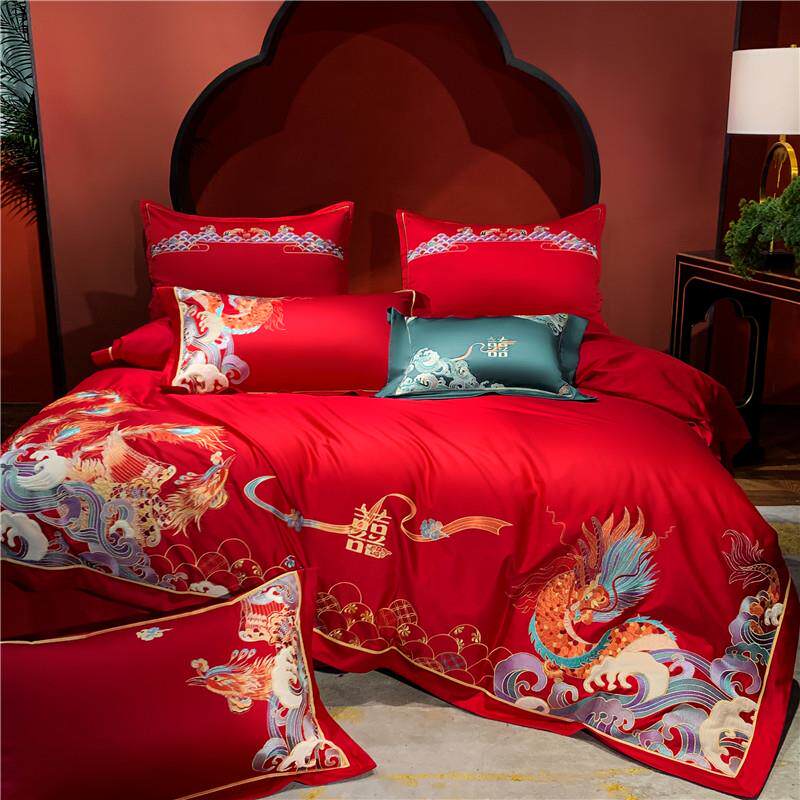 新品中式龙凤刺绣100支长绒棉四件套六件套大红婚庆结婚喜庆被套