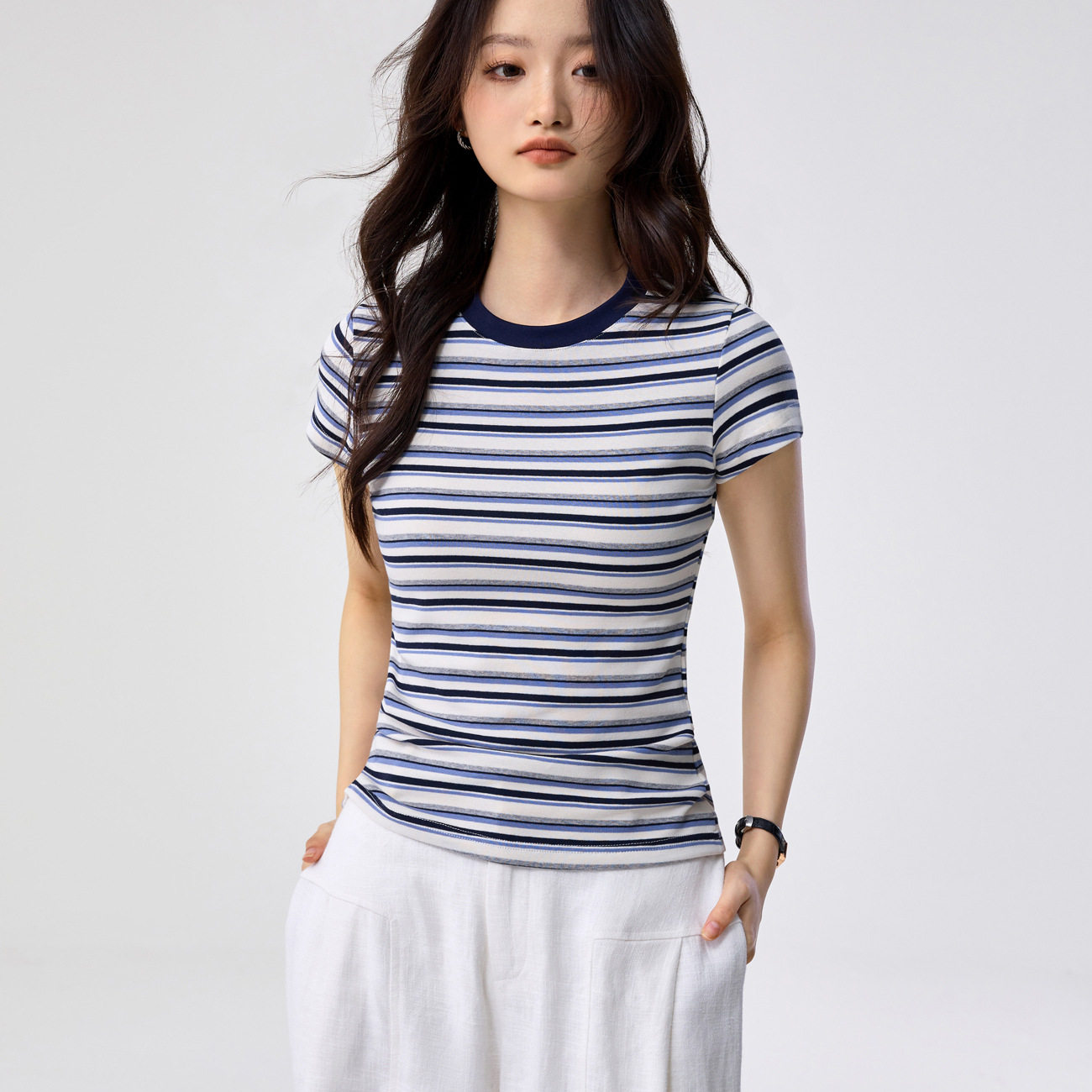 包领贴 220g纯棉条纹T恤女短袖撞色夏季新款修身圆领简约百搭上衣
