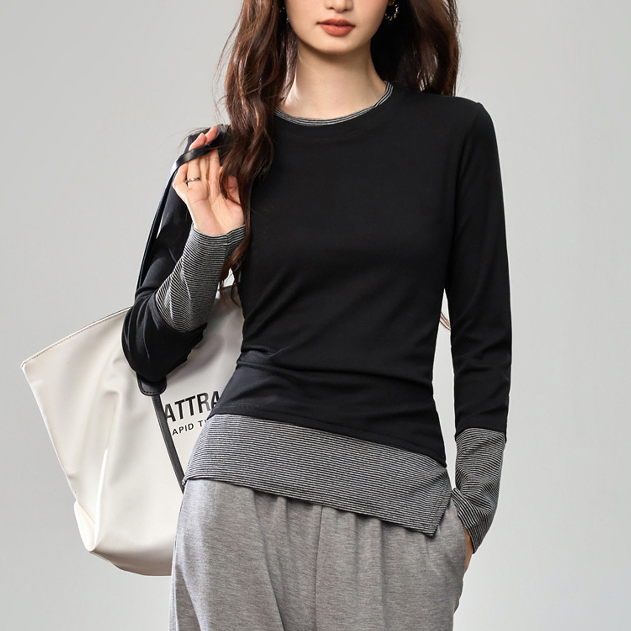 #40支精梳纯棉#设计感拼接条纹假两件长袖t恤女打底衫秋外穿上衣