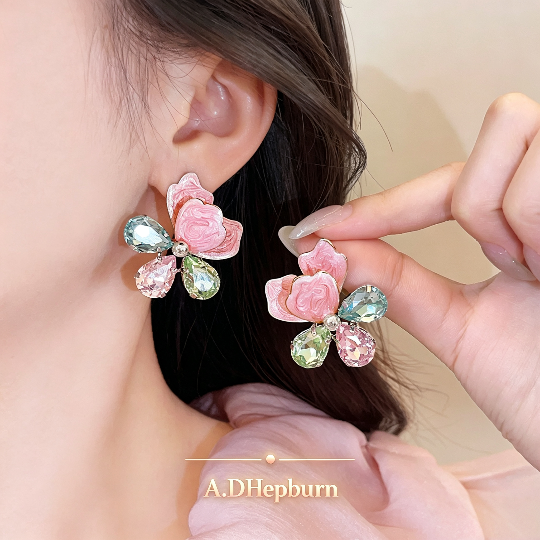 A.DHepburn不掉色锆石花朵耳钉女