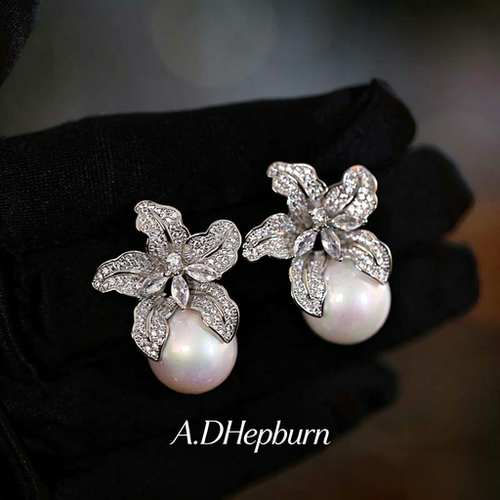 A.DHepburn花朵珍珠耳钉高奢轻奢