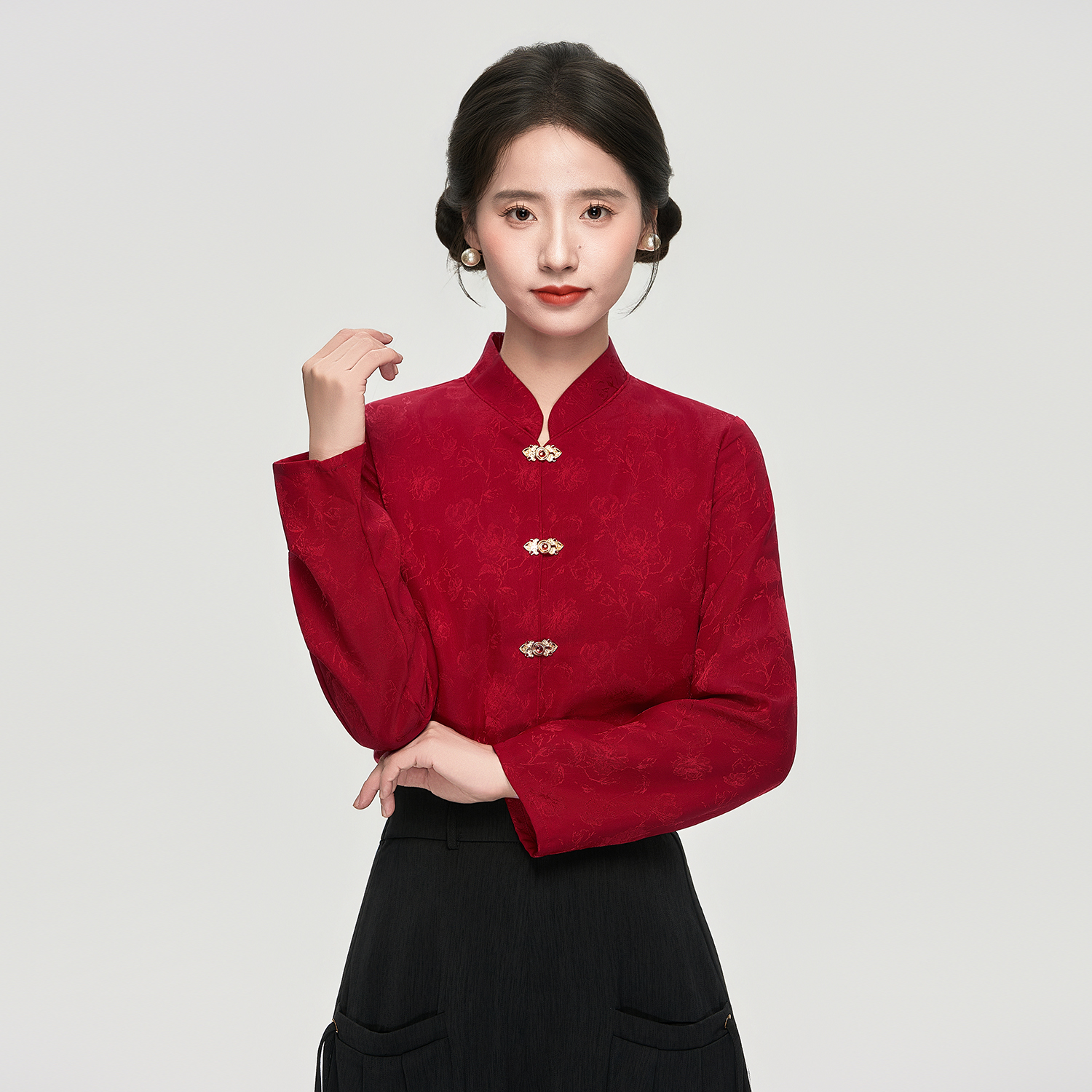 星河汉歌新中式长袖红色提花衬衫