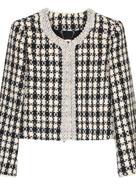 高定重工钉珠经典千鸟格粗花呢小香风单排钩扣外套130036