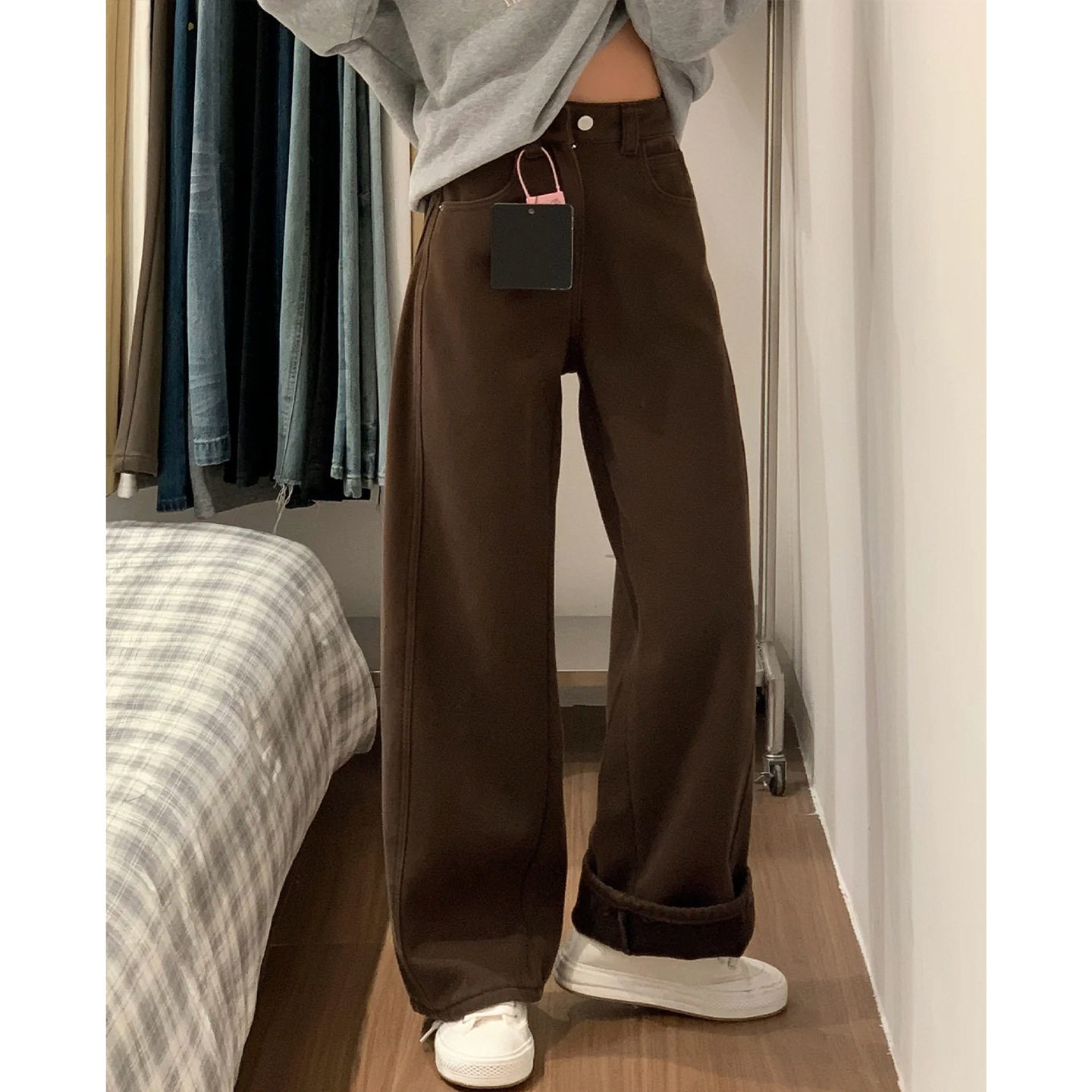 弯刀裤女2025新款秋冬款棕色裤子梨型身材粗腿宽胯显瘦阔腿牛仔裤