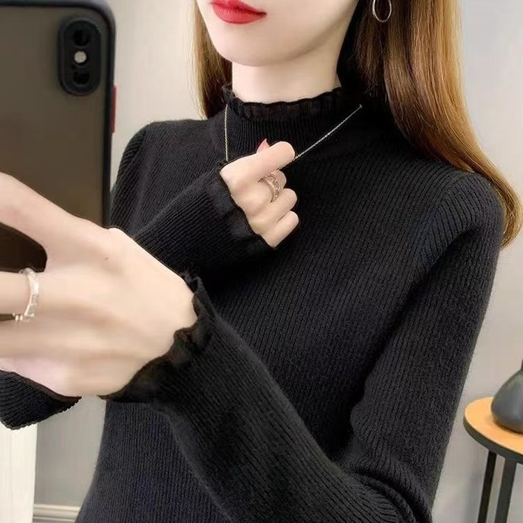 加绒半高领毛衣女加厚打底衫2025秋冬新款修身内搭上衣蕾丝针织衫