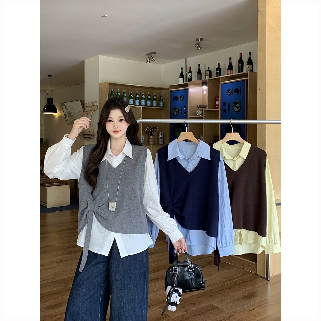 甲背心衬衣两件套72044马甲+工作室原创胖mm大码女休闲减龄针织马