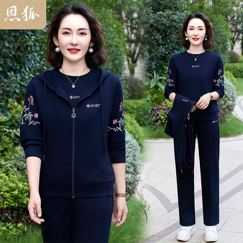 中老年运动休闲套装绣花宽松妈妈