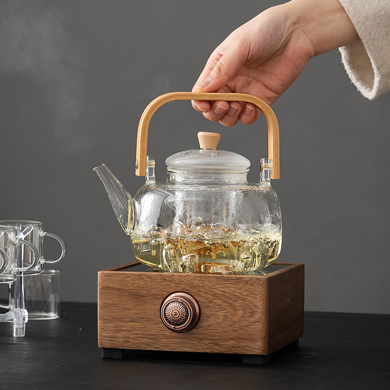 胡桃木电陶炉煮茶炉玻璃煮茶壶烧水壶围炉小型电热实木新款茶炉