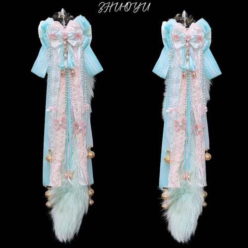 灼欲*可爱粉绿60cm狐狸真毛尾巴蝴蝶结铃铛兽尾cosplay穿戴饰品