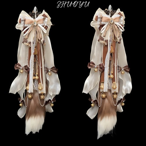 灼欲*原创重工设计狐狸真毛尾巴饰品蝴蝶结铃铛塞子兽尾cos实践