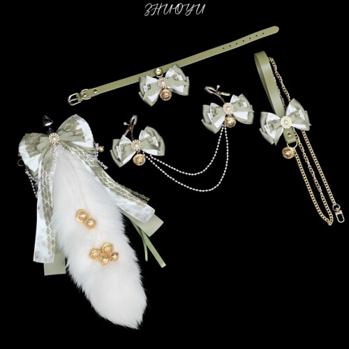 灼欲*手作蝴蝶结铃铛真毛尾巴小圈k9项圈牵引套装cos穿戴饰品道具