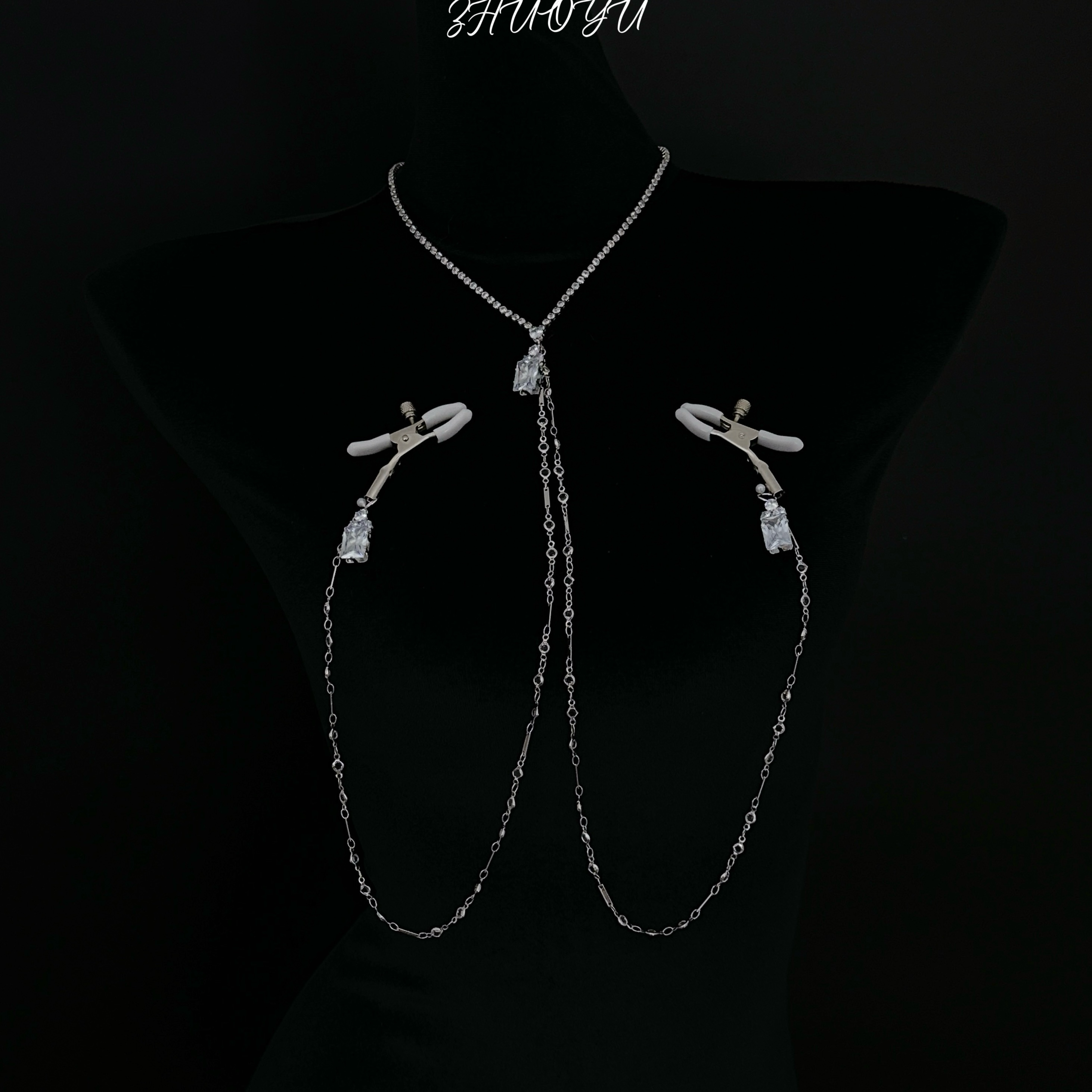 灼欲*原创设计简约方钻闪耀胸链连体性感项圈R夹子情侣穿戴身体链