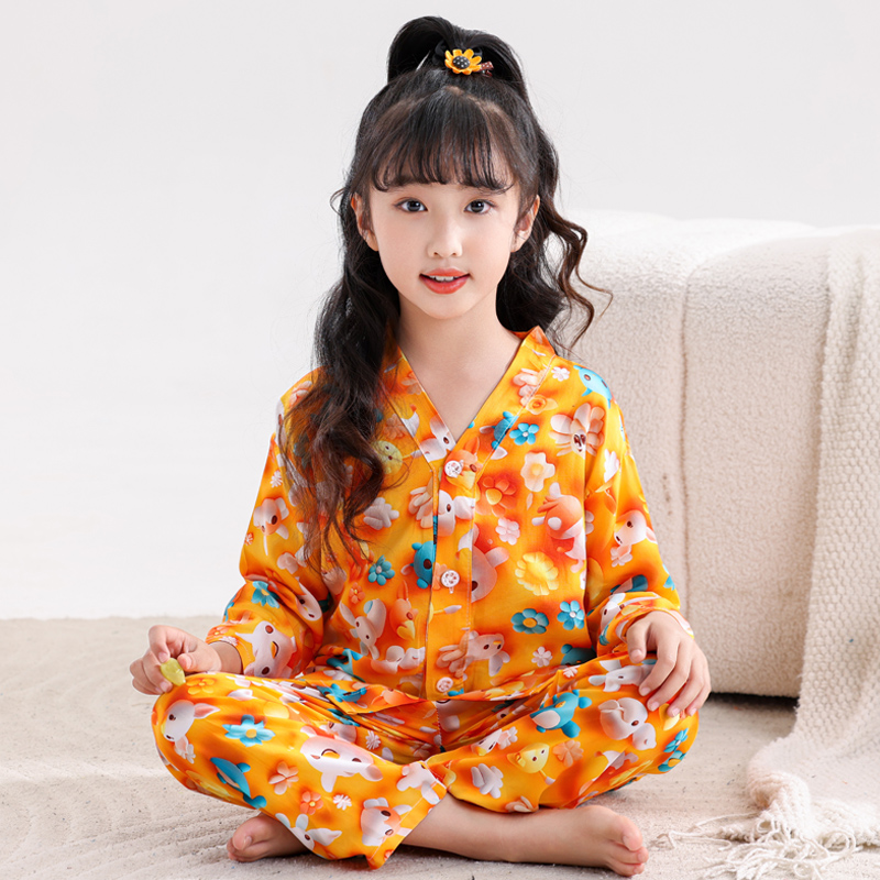 儿童棉绸睡衣女童女孩绵绸长袖套装2025夏季新款莱赛尔大童家居服